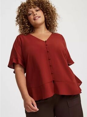 Torrid Brick Red V-Neck Ruffle Blouse